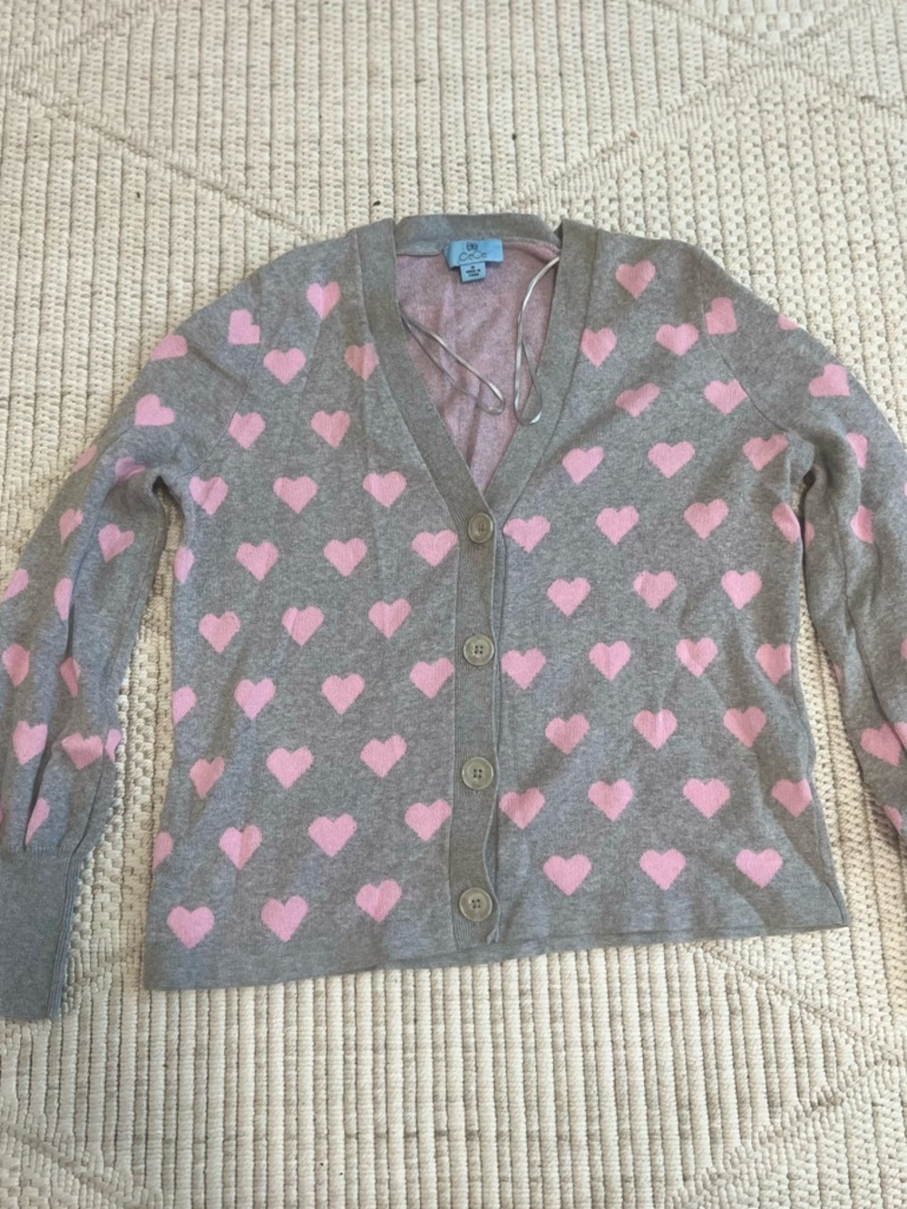 CeCe Gray Pink Heart Cardigan Sweater V-Neck Button Down Size M
